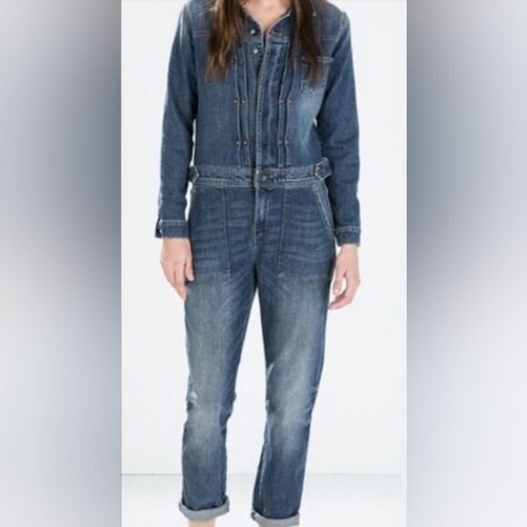 ZARA 1975 Basic Denim Long Sleeve Jumpsuit - Size XS - Picture 1 of 10
